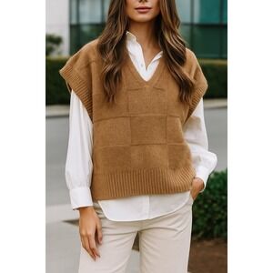 ASTR The Label Women Sweater Vest Checker Top Office Academia  XL Tan